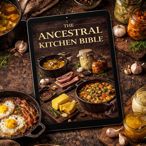 The Ancestral Kitchen Bible on a tablet with bone broth, tallow and ferments