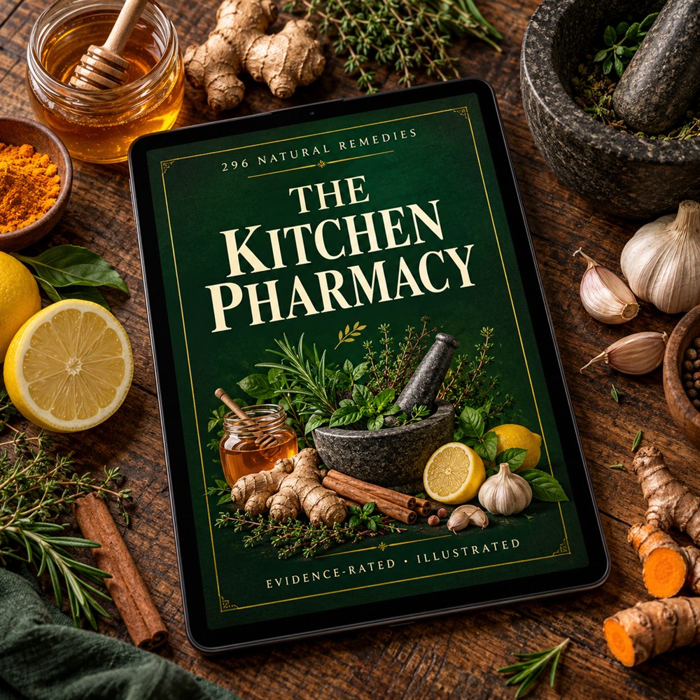 The Kitchen Pharmacy on a tablet with honey, ginger, garlic and fresh herbs