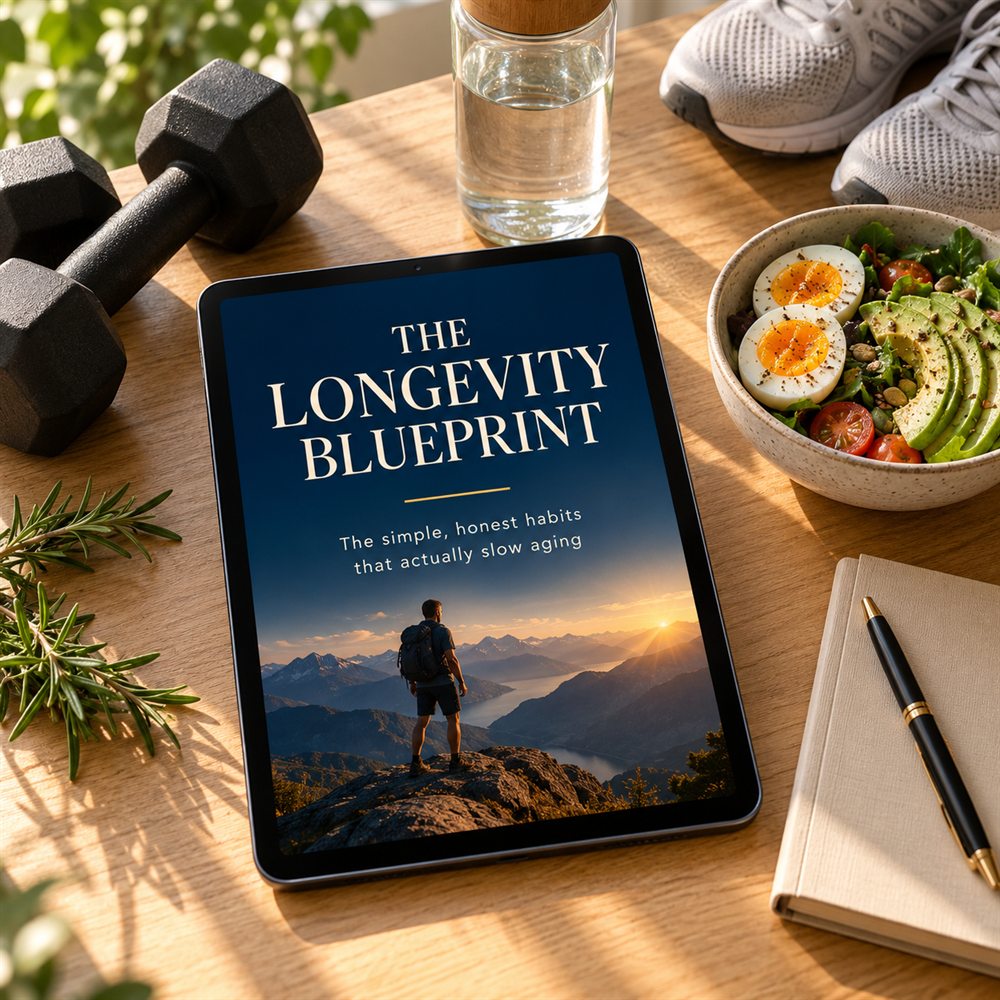 The Longevity Blueprint ebook with dumbbells, running shoes and a healthy meal